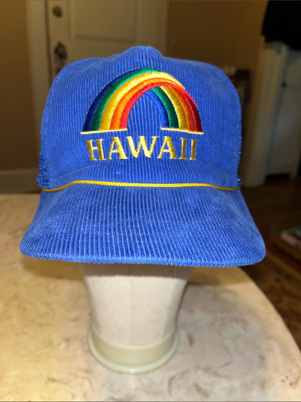 Vintage Blue Corduroy 'Hawaii' Rainbow Embroidered Cap